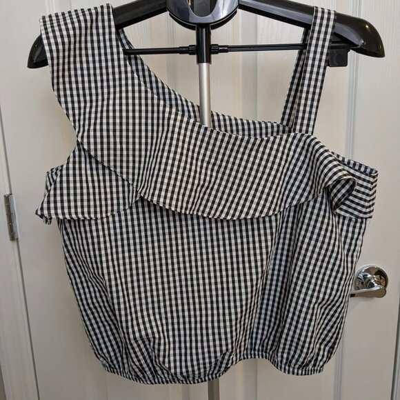 BCX Black & White Gingham One Shoulder Look Sleeveless Top, Size Large - Picture 7 of 11